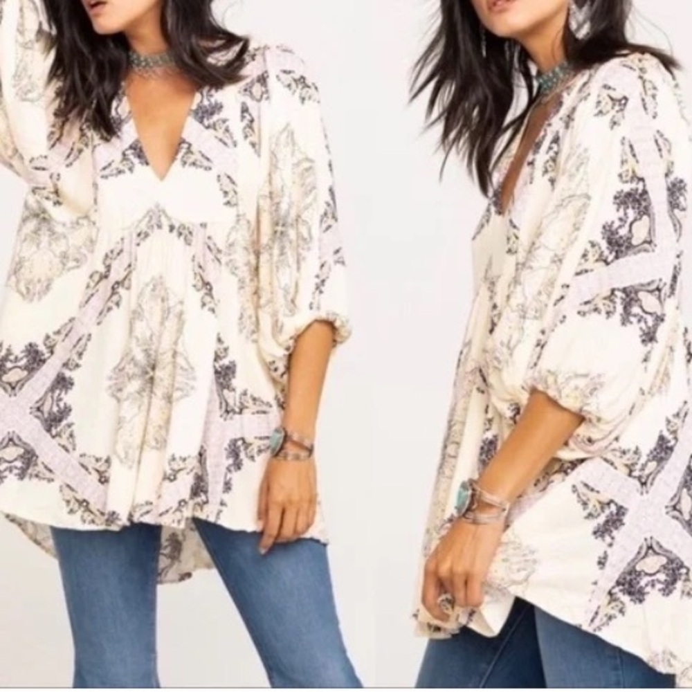 Free People Women's Tunic Top Size Medium in Ivory Brown Size XS